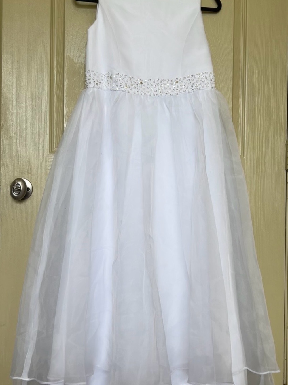 JJs House White Beaded Waist Tulle Flower Girl Gown